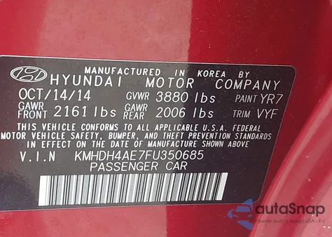 2015 Hyundai Elantra Se from USA, damaged, VIN KMHDH4AE7FU350685